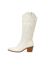 Vegan Leather Embroidered Stitch Pointed-toe Wide Slip-on Mid-Calf Cowgirl Boots